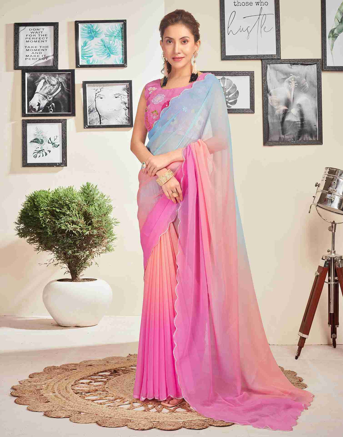 Pink Georgette Plain Saree