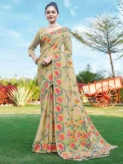 Light Beige Chanderi Woven Printed Saree