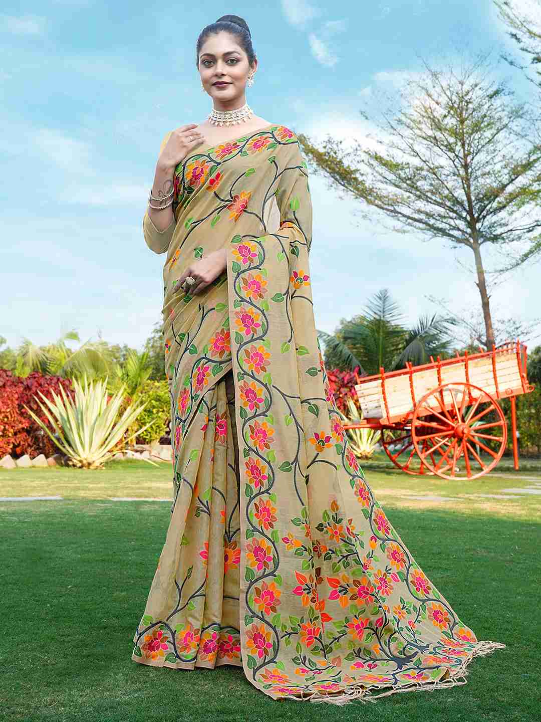 Light Beige Chanderi Woven Printed Saree