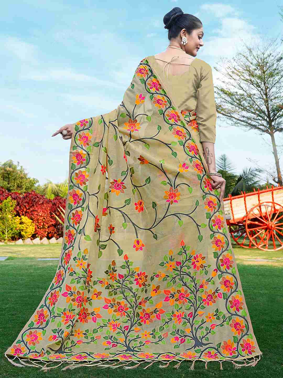 Light Beige Chanderi Woven Printed Saree