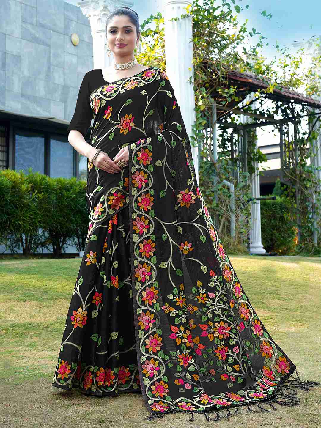 Black Chanderi Woven Printed Saree