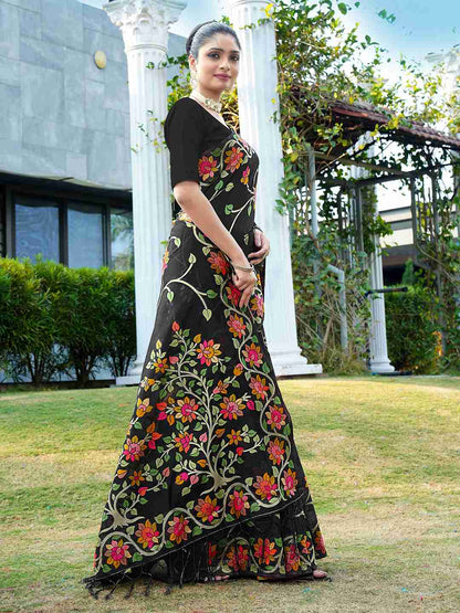 Black Chanderi Woven Printed Saree