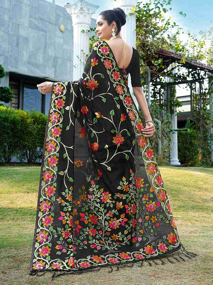 Black Chanderi Woven Printed Saree