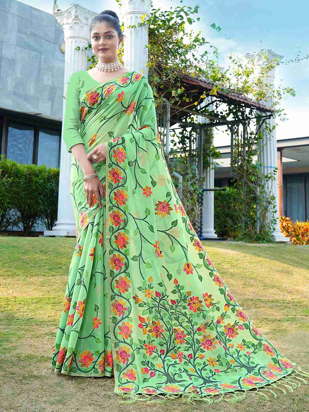 Pista Green Chanderi Woven Printed Saree