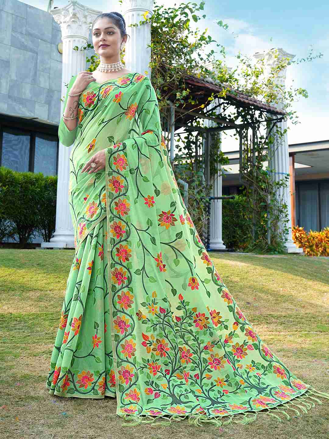 Pista Green Chanderi Woven Printed Saree