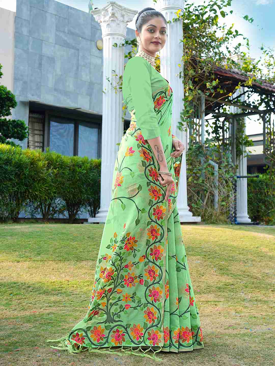 Pista Green Chanderi Woven Printed Saree