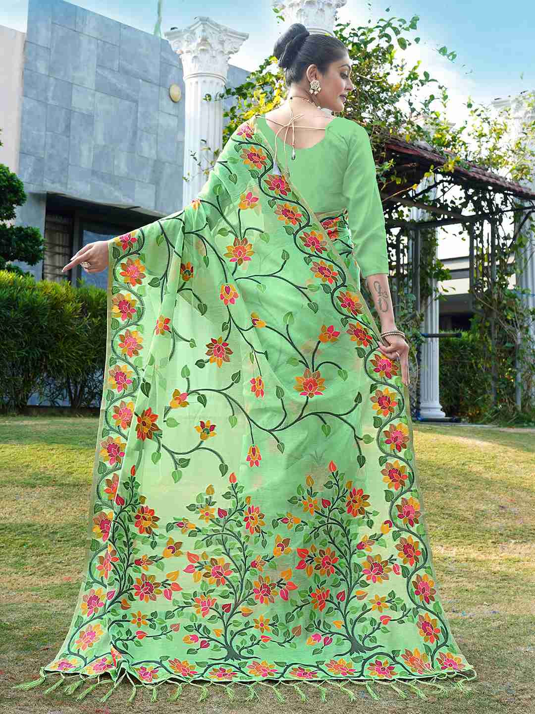 Pista Green Chanderi Woven Printed Saree