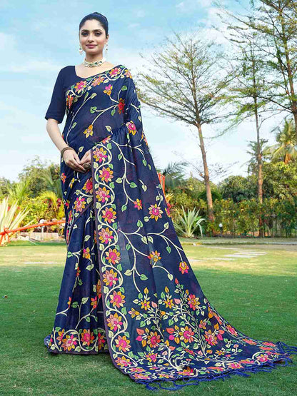 Navy Blue Chanderi Woven Printed Saree