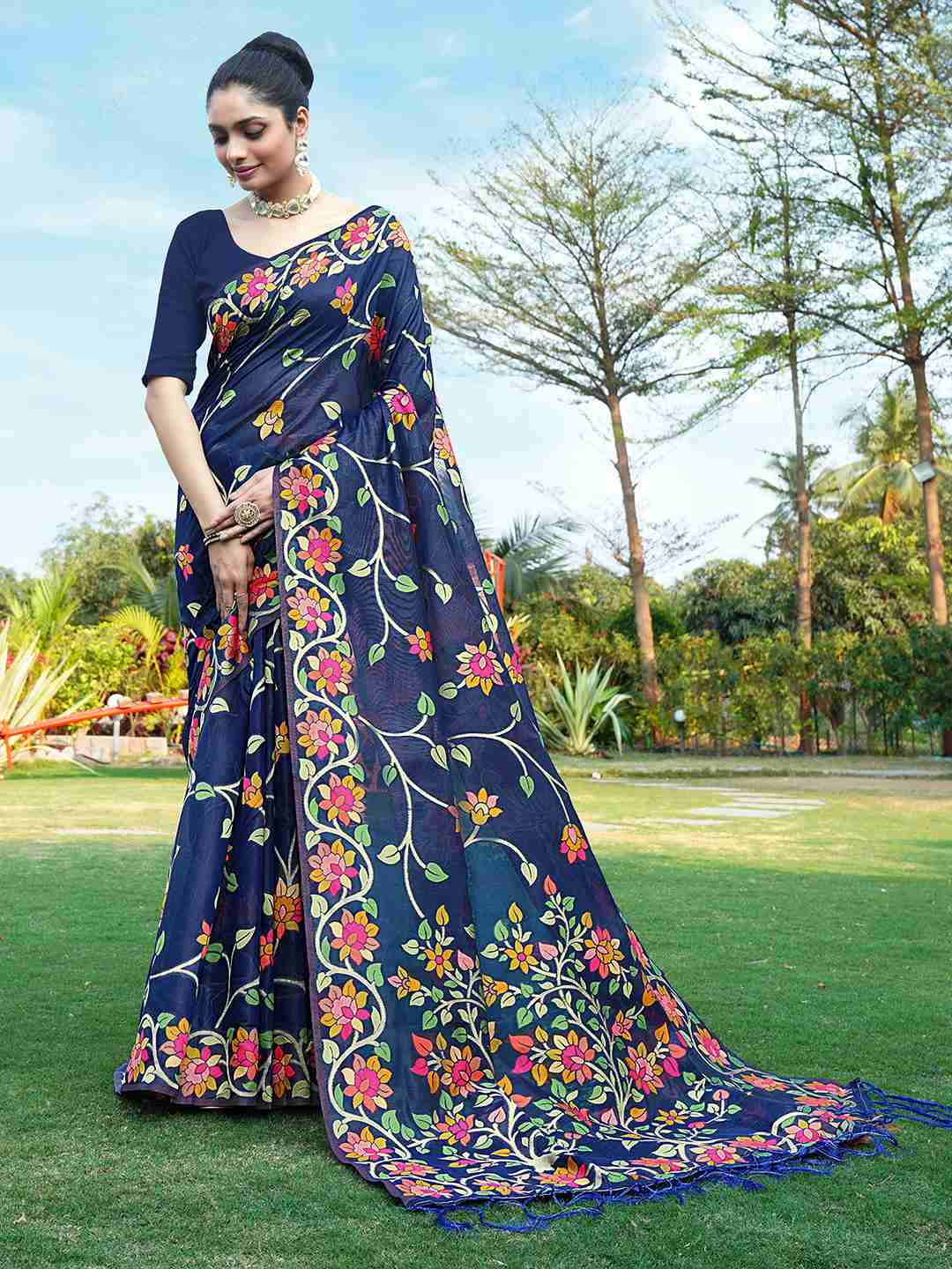 Navy Blue Chanderi Woven Printed Saree