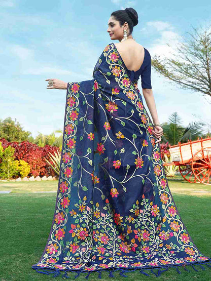 Navy Blue Chanderi Woven Printed Saree