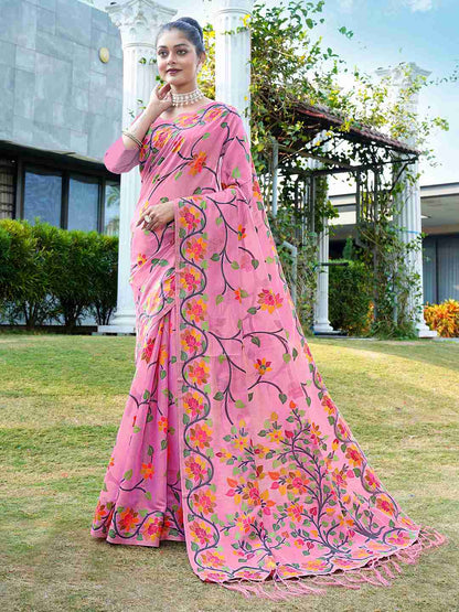 Pink Chanderi Woven Printed Saree