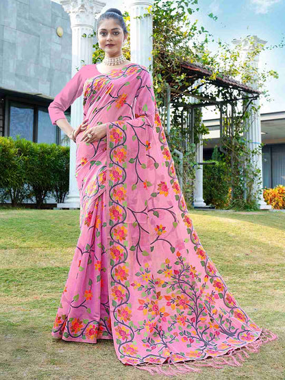 Pink Chanderi Woven Printed Saree