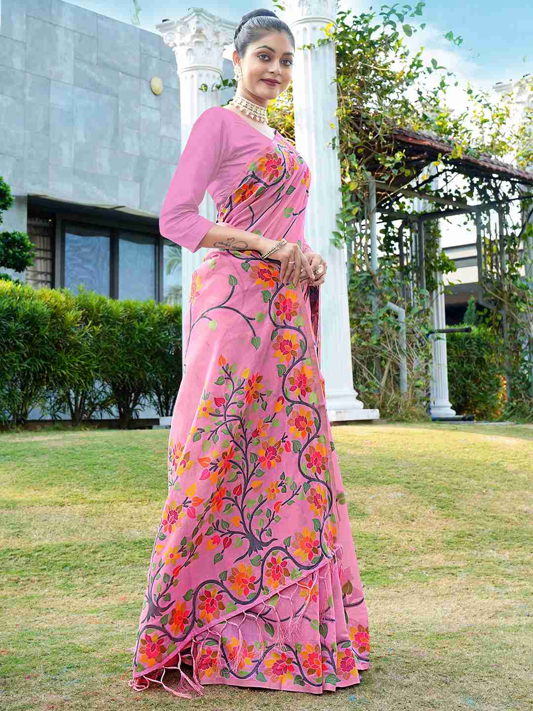 Pink Chanderi Woven Printed Saree