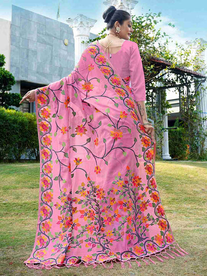 Pink Chanderi Woven Printed Saree