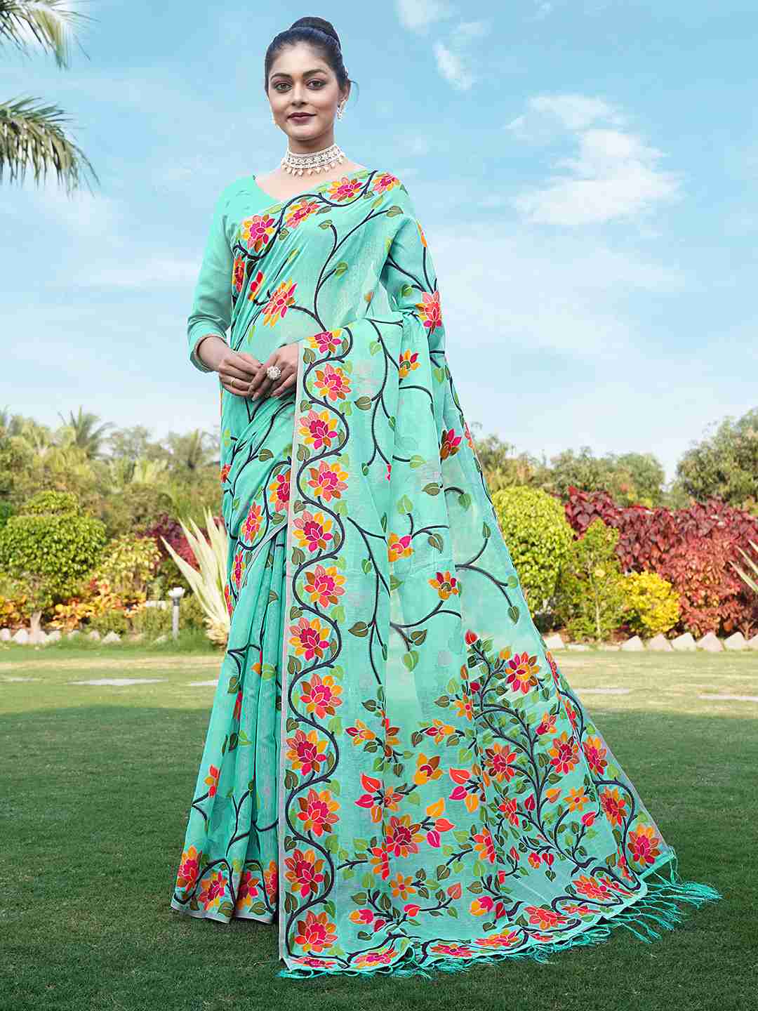 Turquoise Chanderi Woven Printed Saree