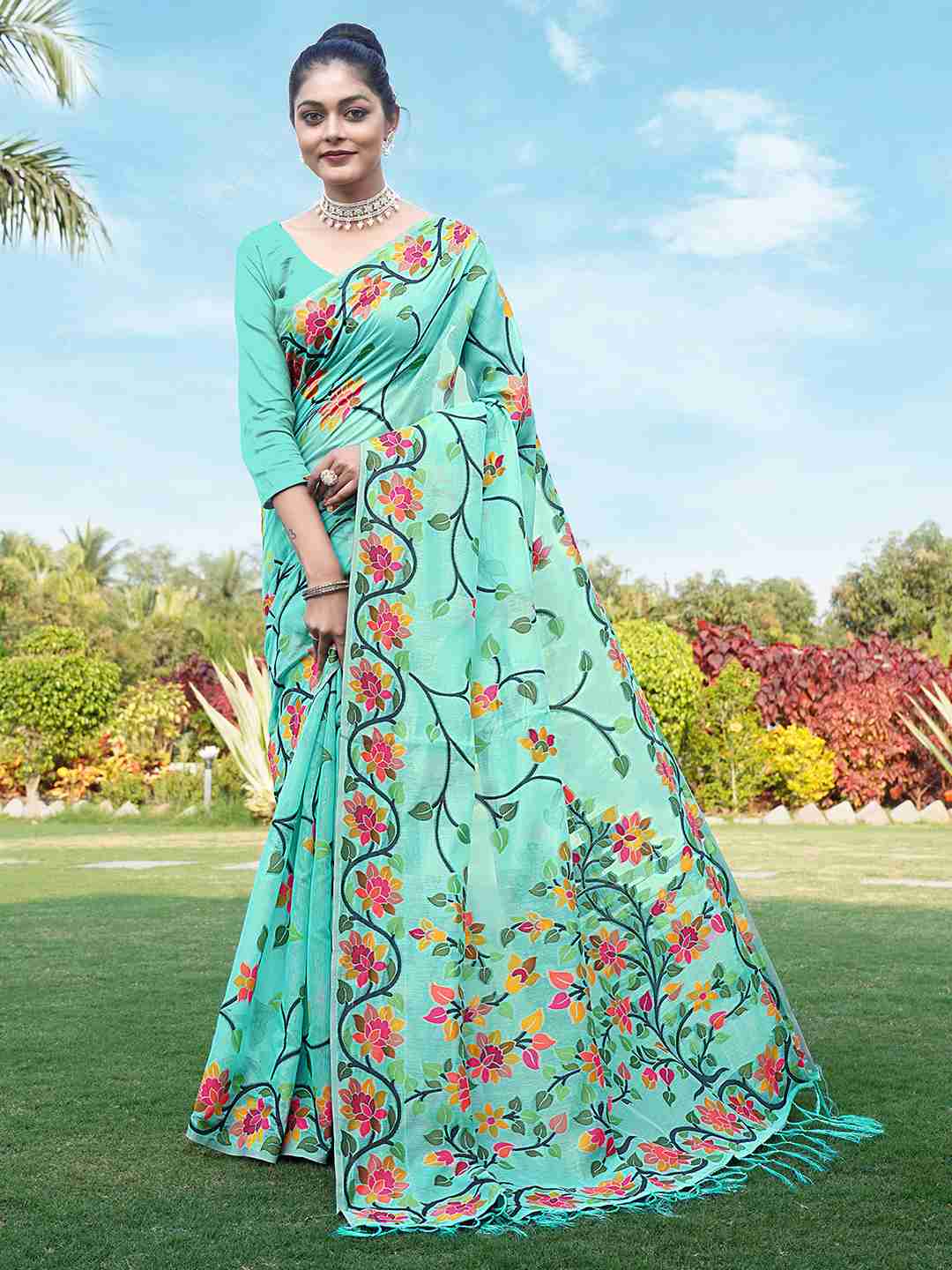 Turquoise Chanderi Woven Printed Saree