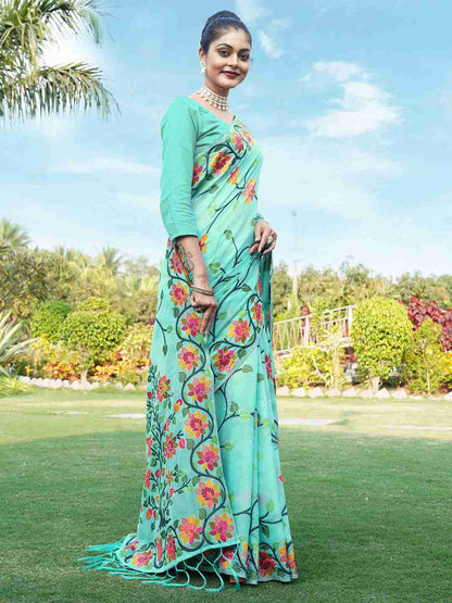 Turquoise Chanderi Woven Printed Saree