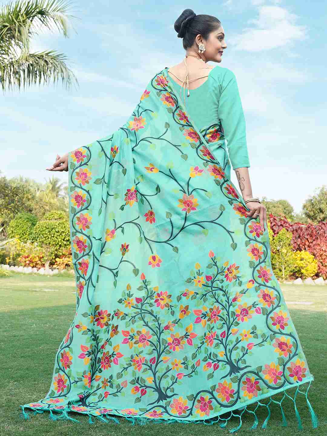 Turquoise Chanderi Woven Printed Saree