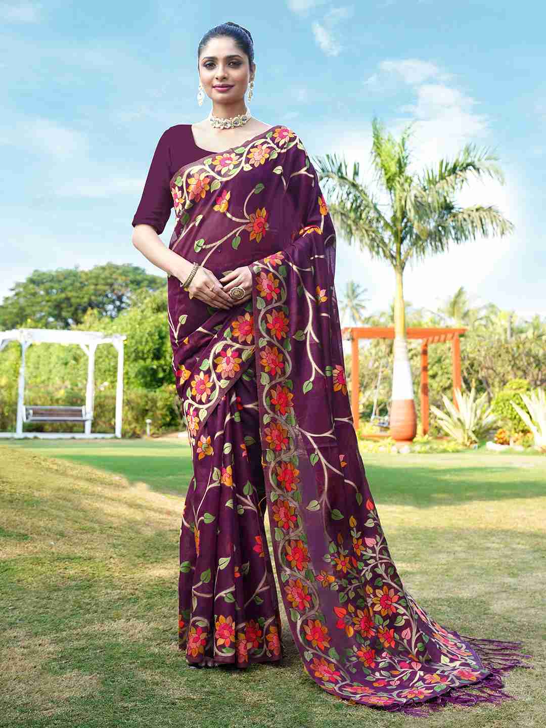 Wine Chanderi Woven Printed Saree