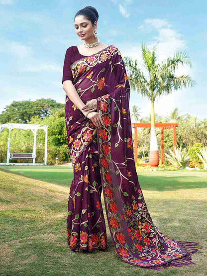 Wine Chanderi Woven Printed Saree