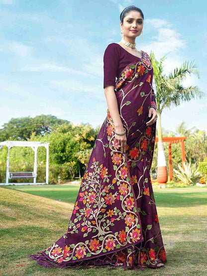 Wine Chanderi Woven Printed Saree