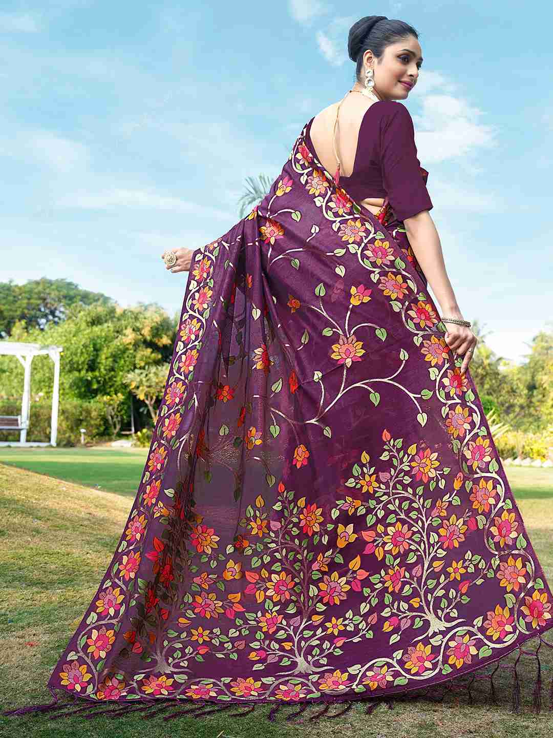 Wine Chanderi Woven Printed Saree