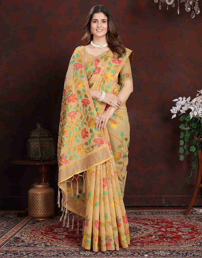 Light Beige Chanderi Woven Printed Saree