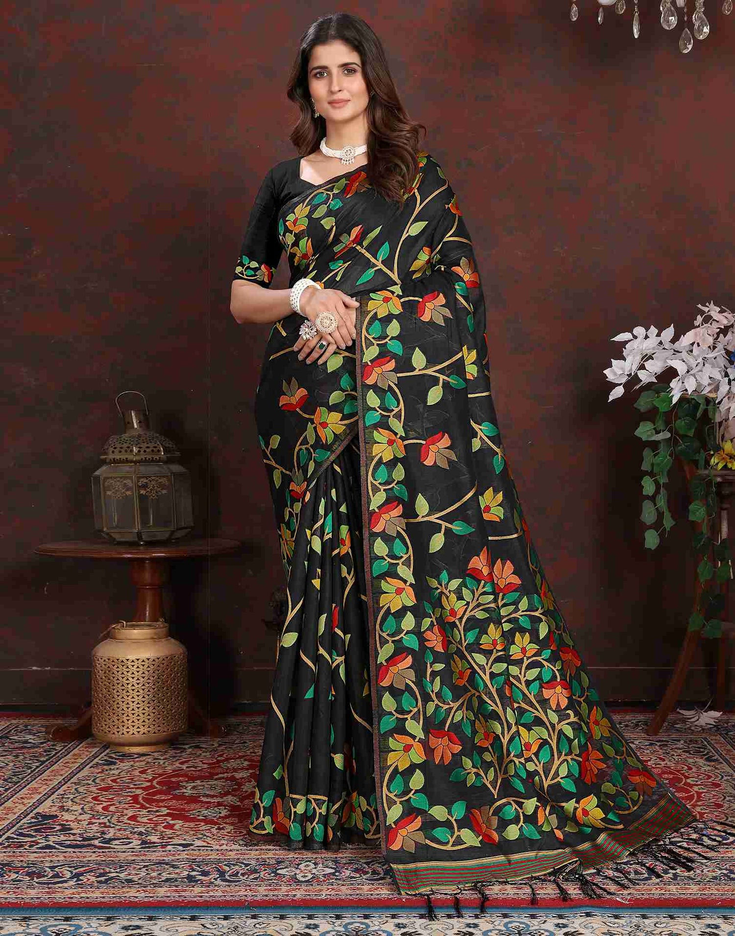 Black Chanderi Woven Printed Saree