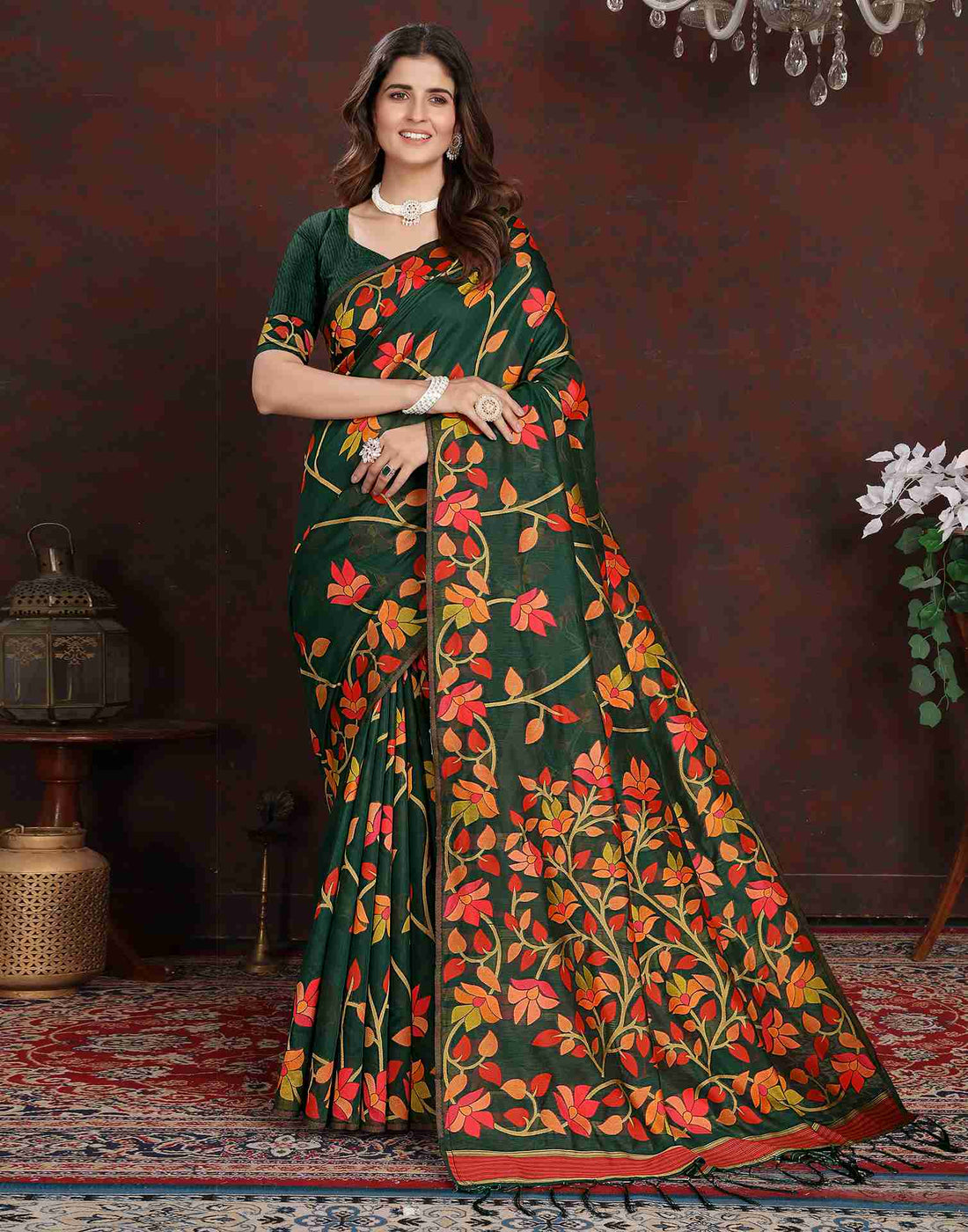 Dark Green Chanderi Woven Printed Saree