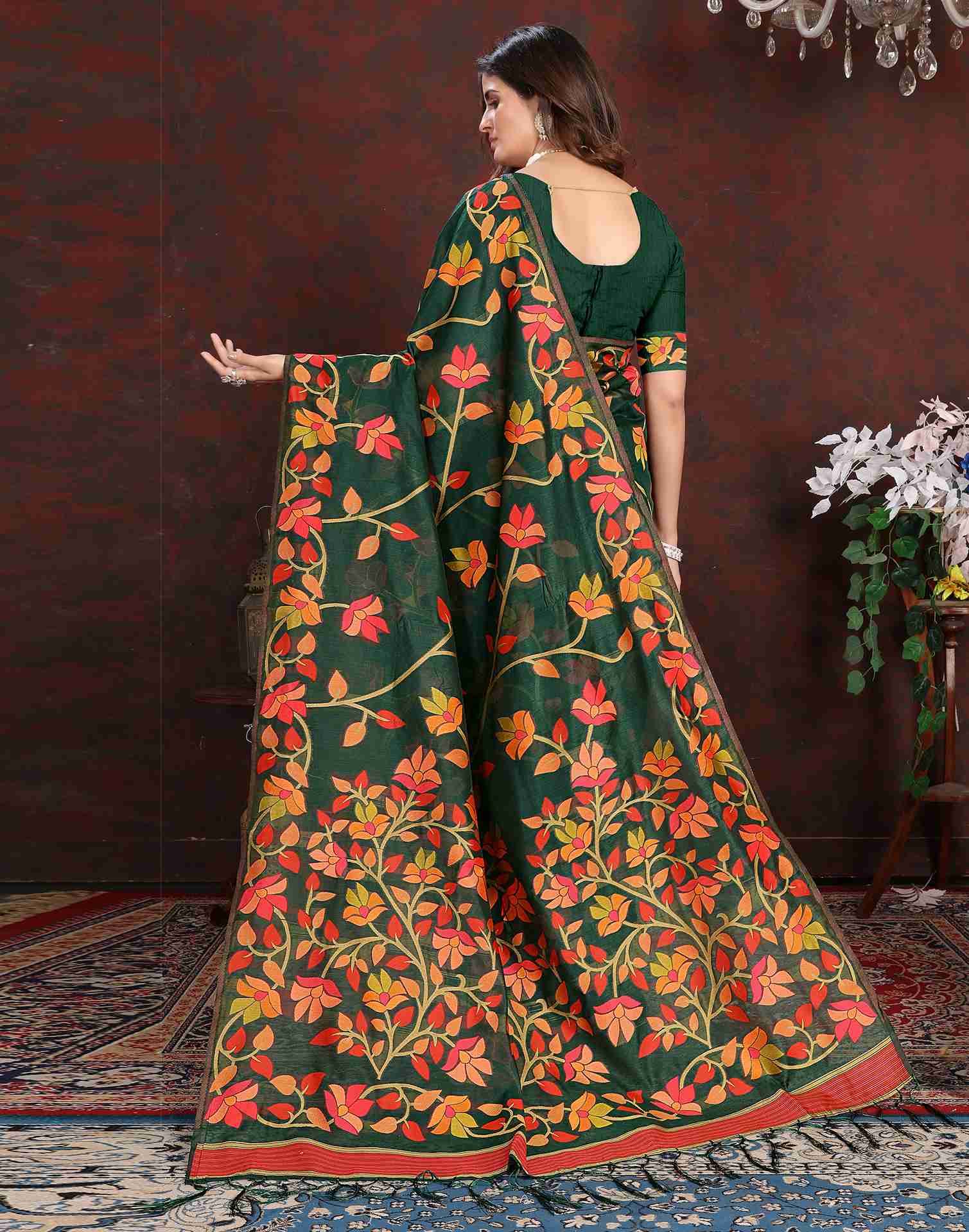 Dark Green Chanderi Woven Printed Saree