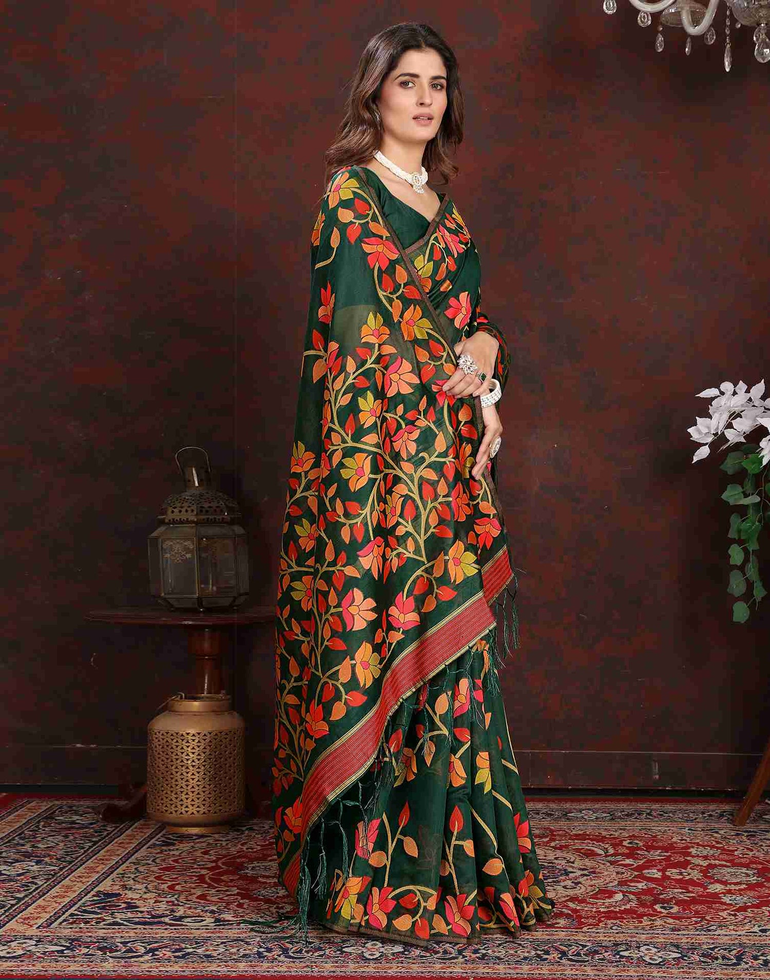 Dark Green Chanderi Woven Printed Saree