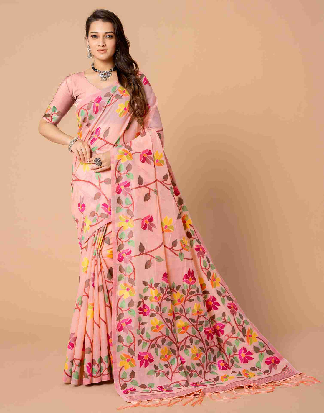 Light Rose Pink Chanderi Woven Printed Saree