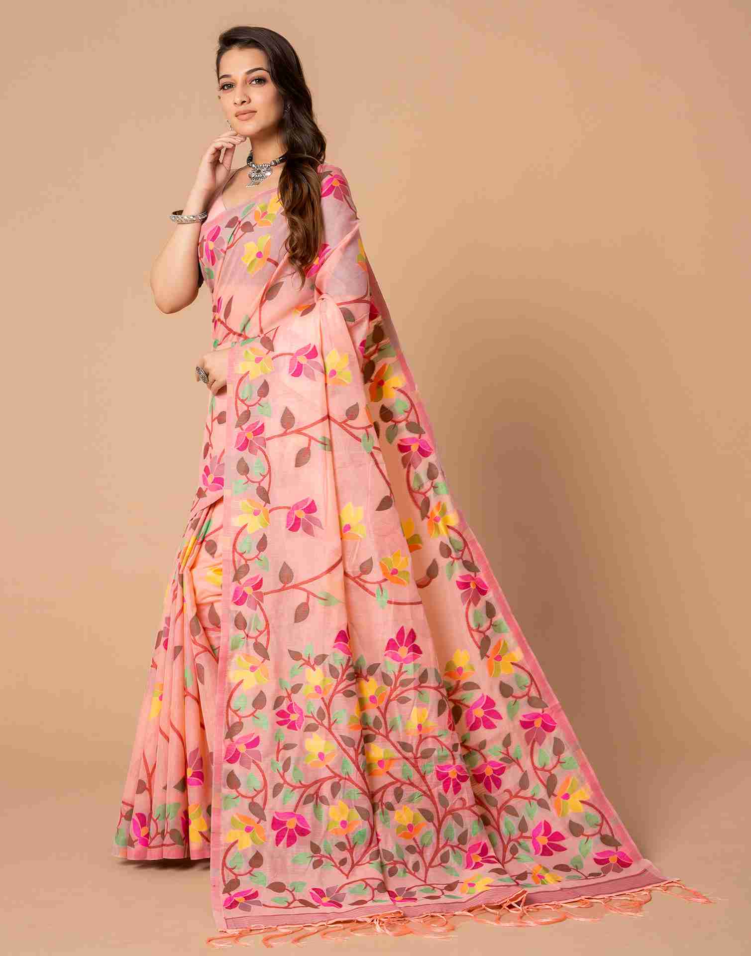 Light Rose Pink Chanderi Woven Printed Saree