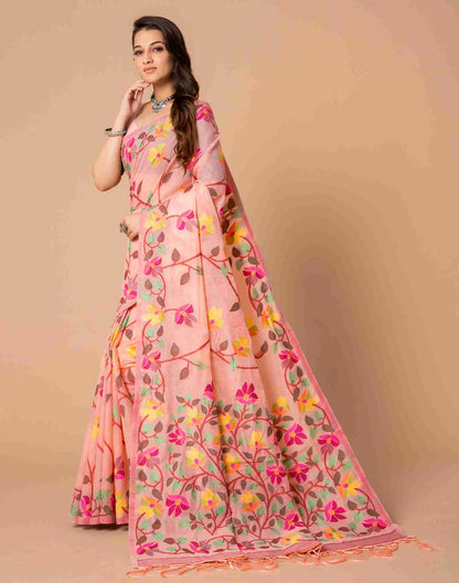 Light Rose Pink Chanderi Woven Printed Saree