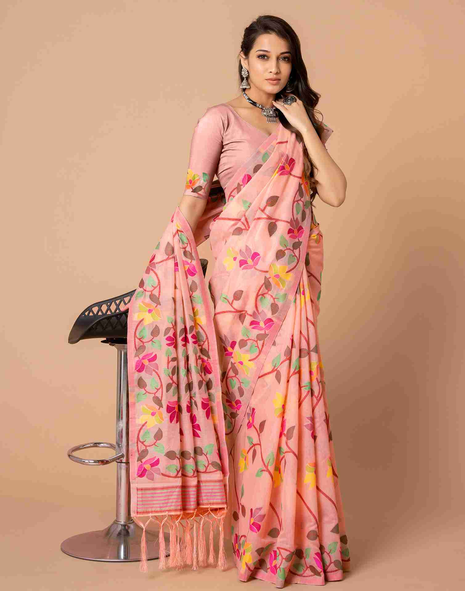 Light Rose Pink Chanderi Woven Printed Saree