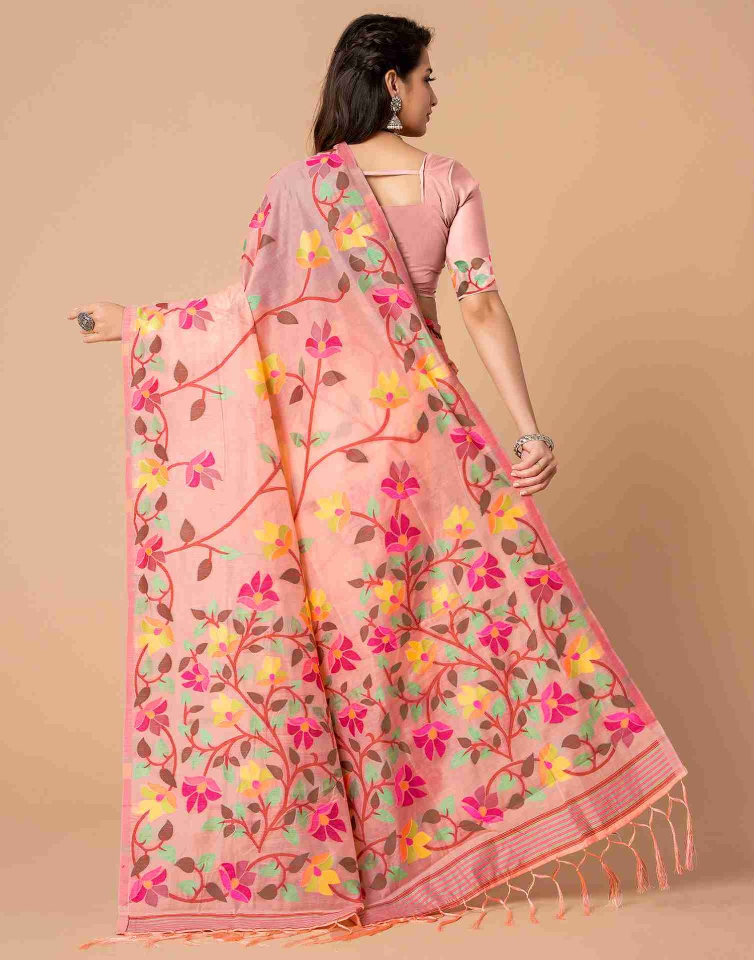 Light Rose Pink Chanderi Woven Printed Saree