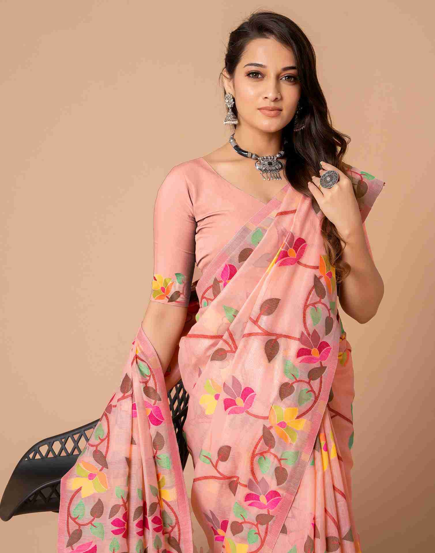 Light Rose Pink Chanderi Woven Printed Saree