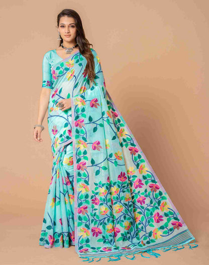 Blue Chanderi Woven Printed Saree