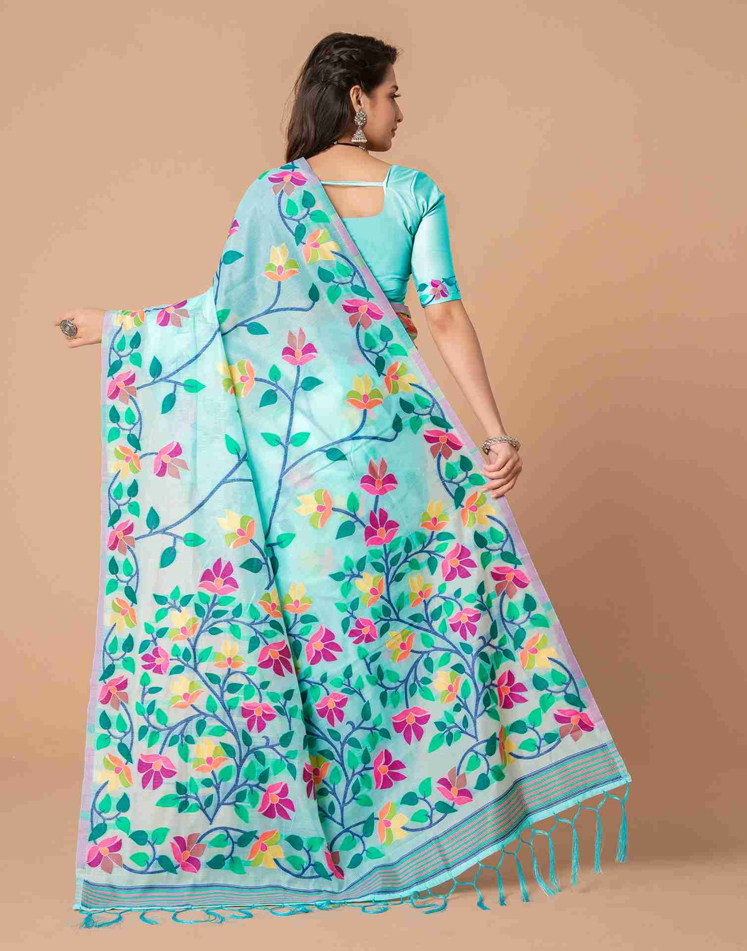 Blue Chanderi Woven Printed Saree