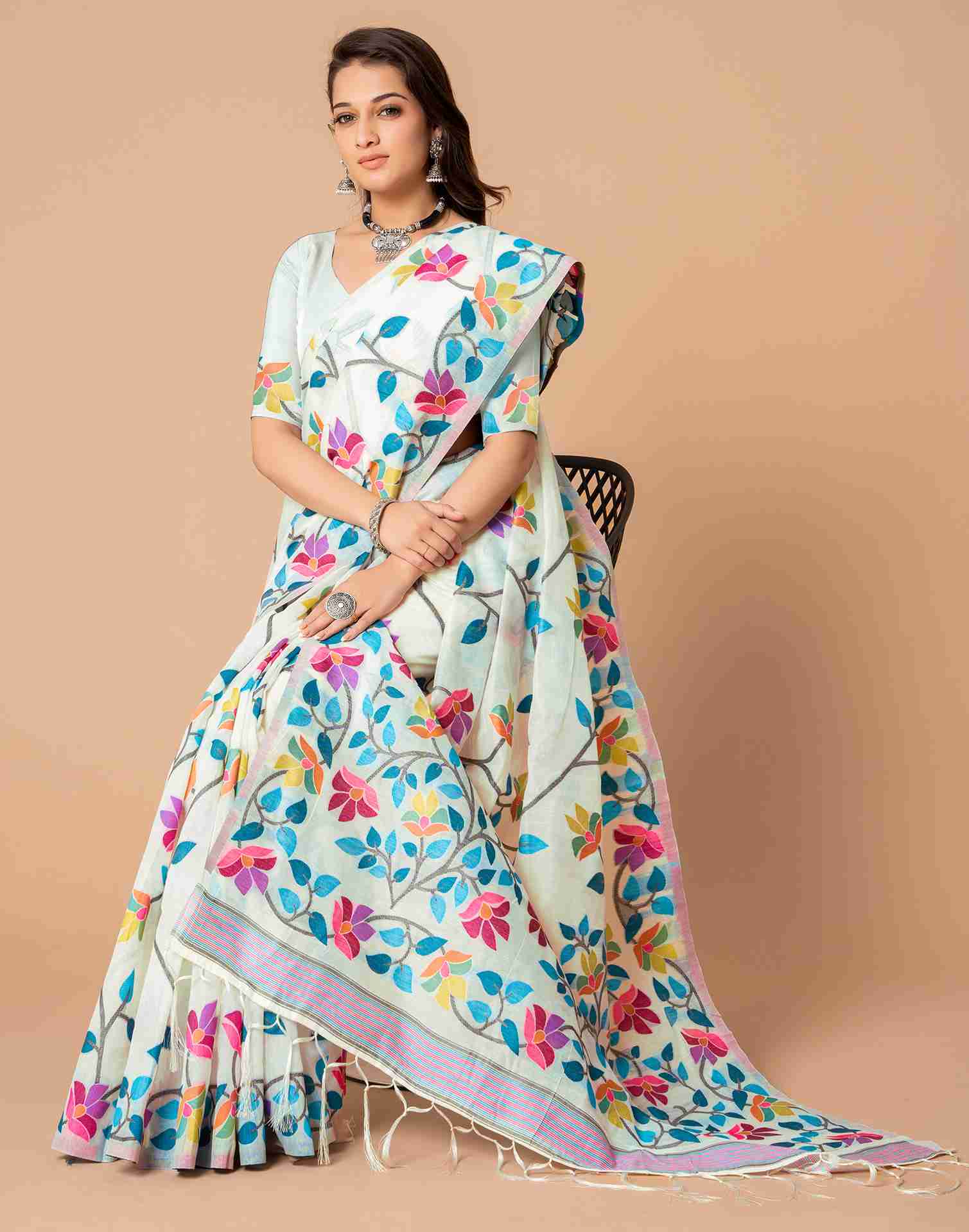 White Chanderi Woven Printed Saree