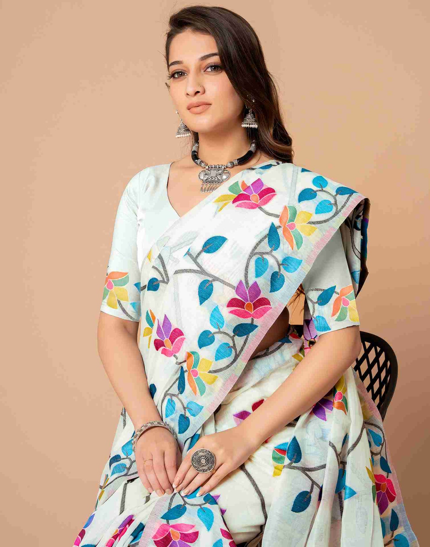 White Chanderi Woven Printed Saree