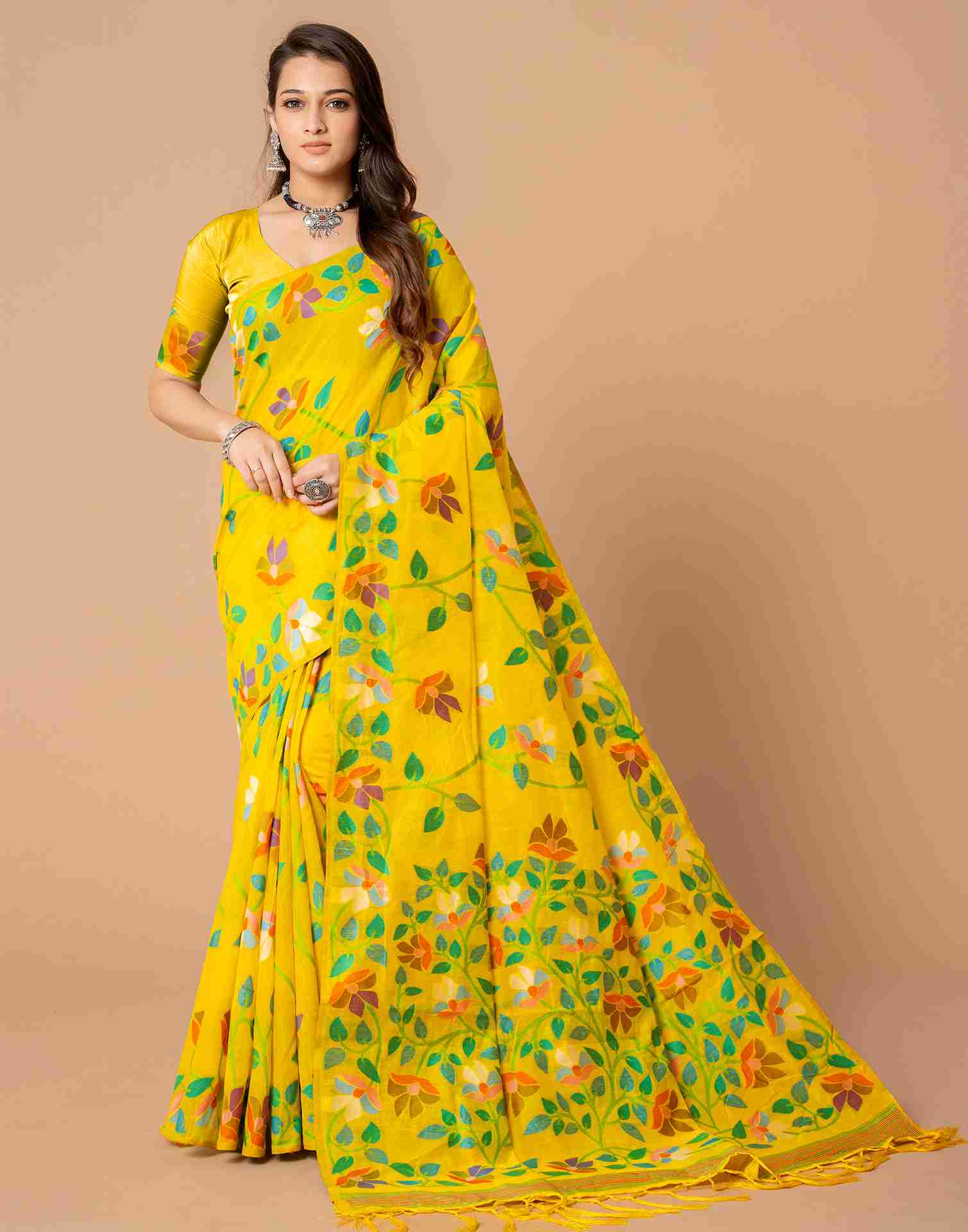 Yellow Chanderi Woven Printed Saree