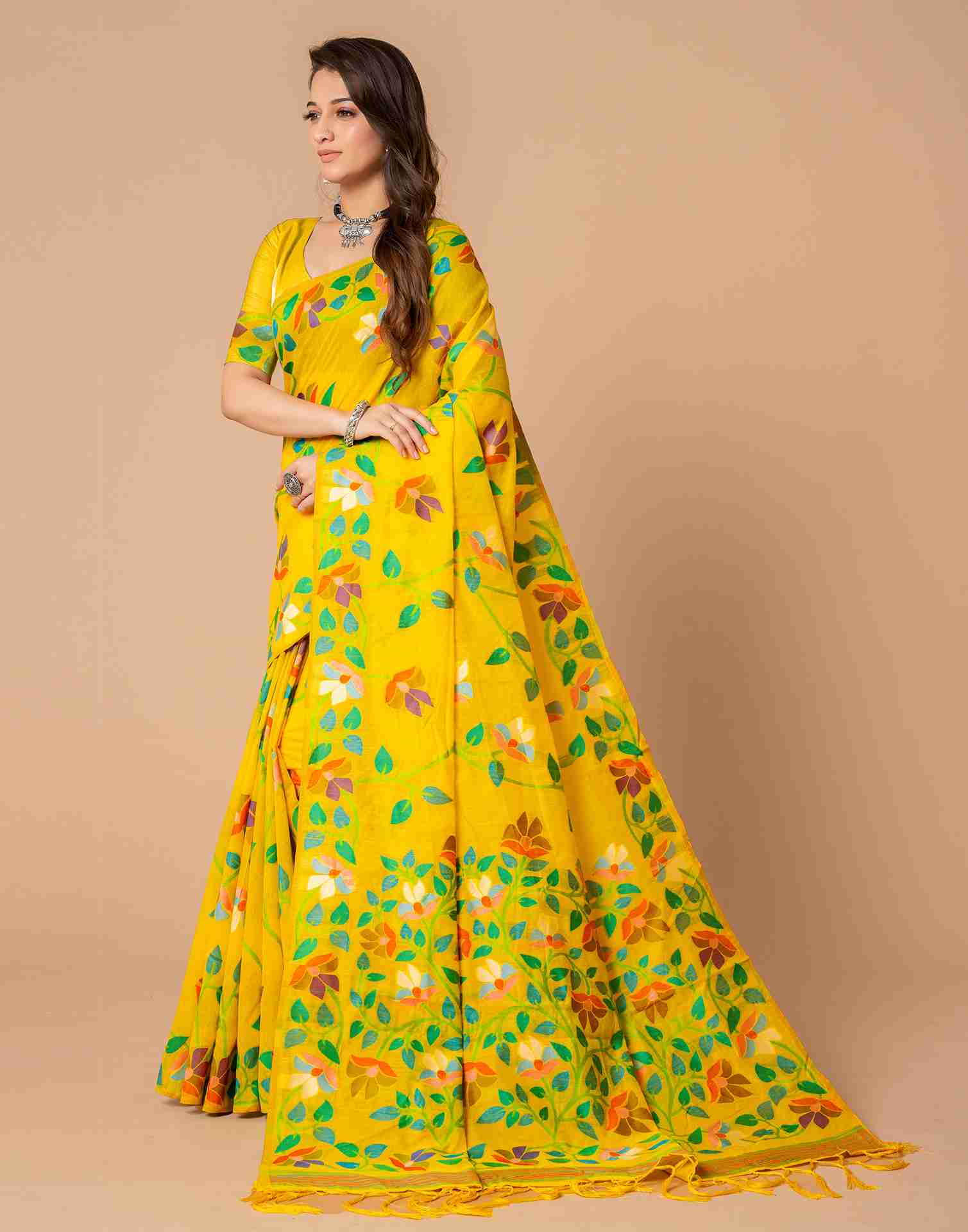 Yellow Chanderi Woven Printed Saree