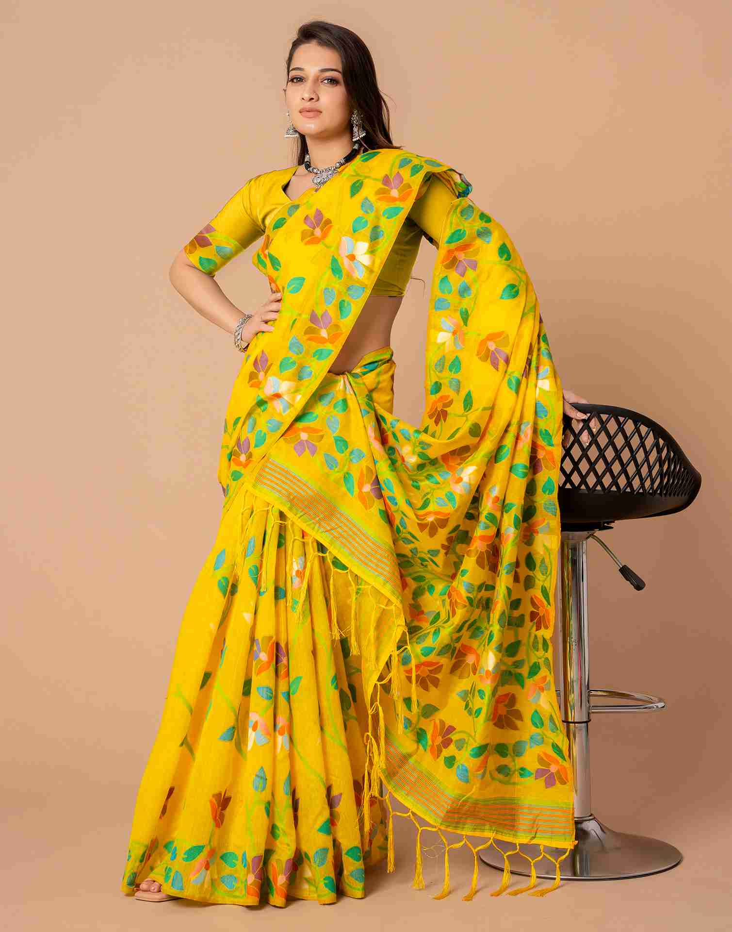 Yellow Chanderi Woven Printed Saree