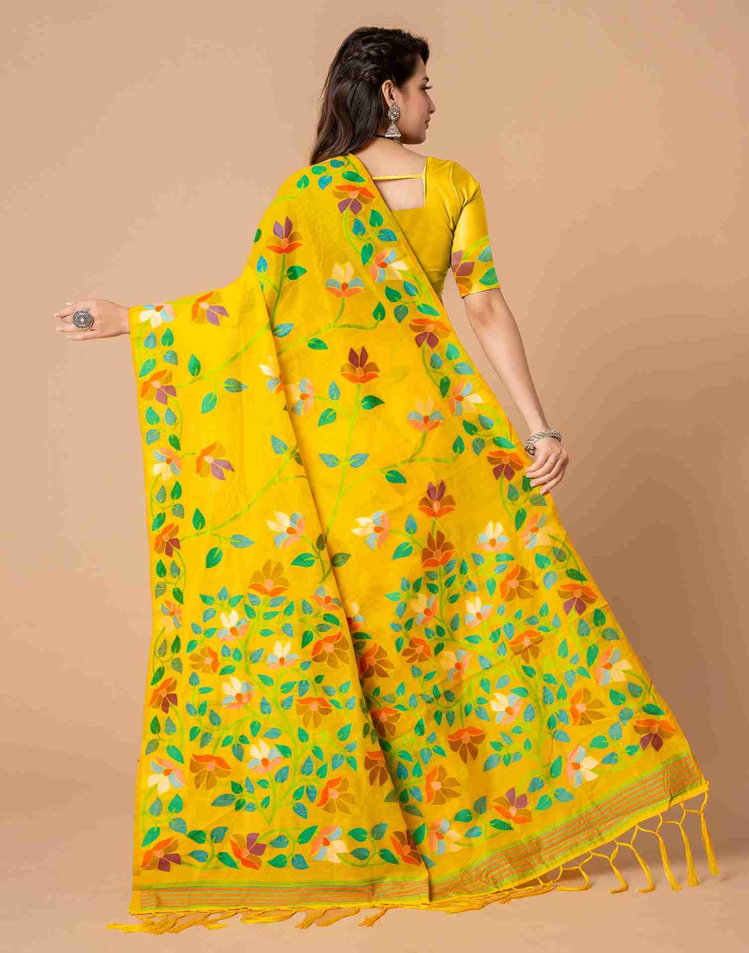 Yellow Chanderi Woven Printed Saree