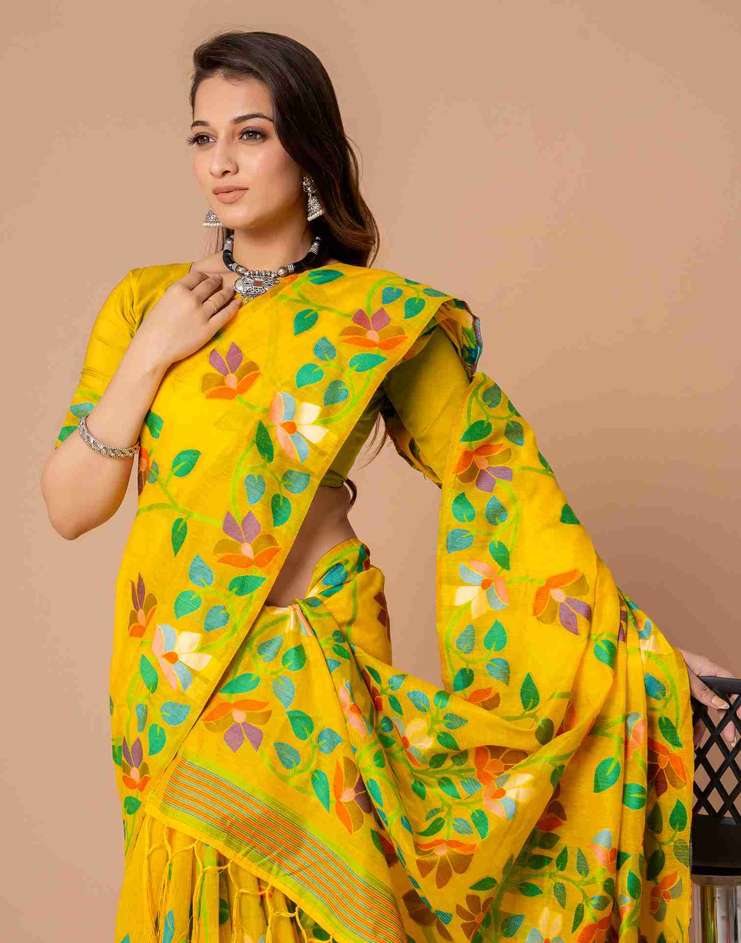 Yellow Chanderi Woven Printed Saree