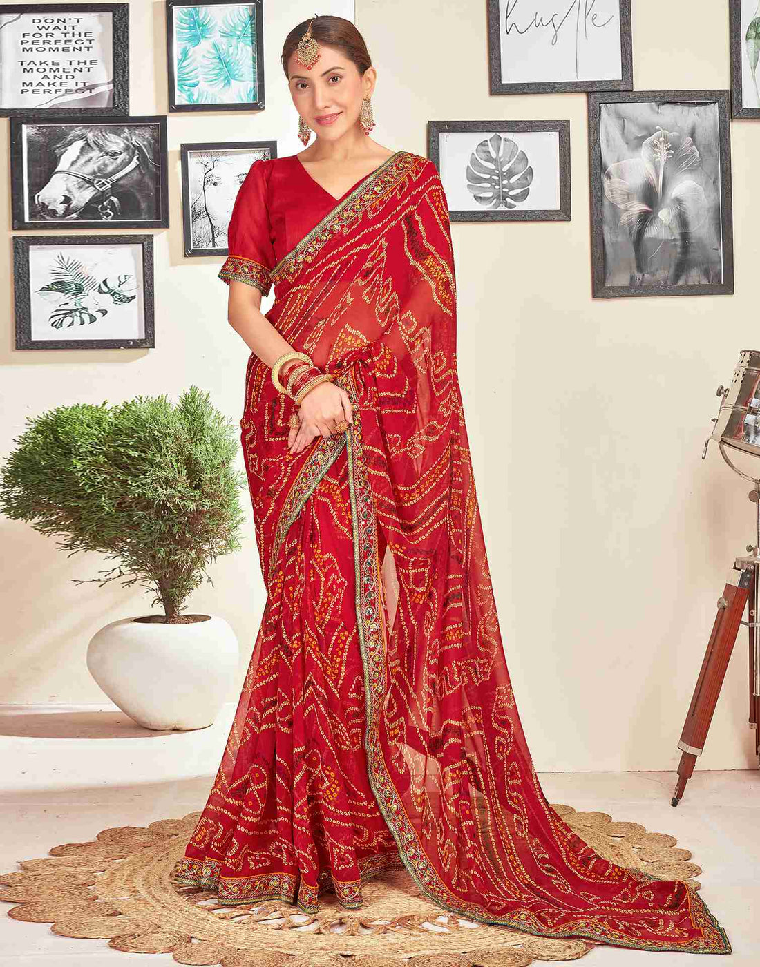 Red Georgette Printed Bandhani Saree