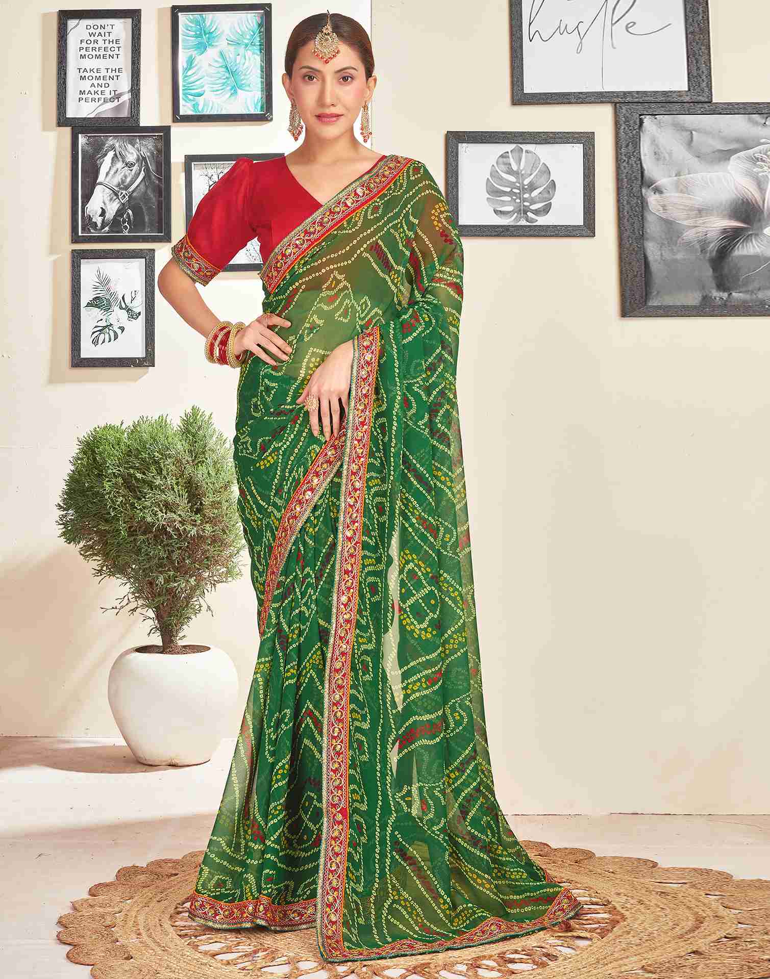 Green Georgette Embroidery Printed Saree