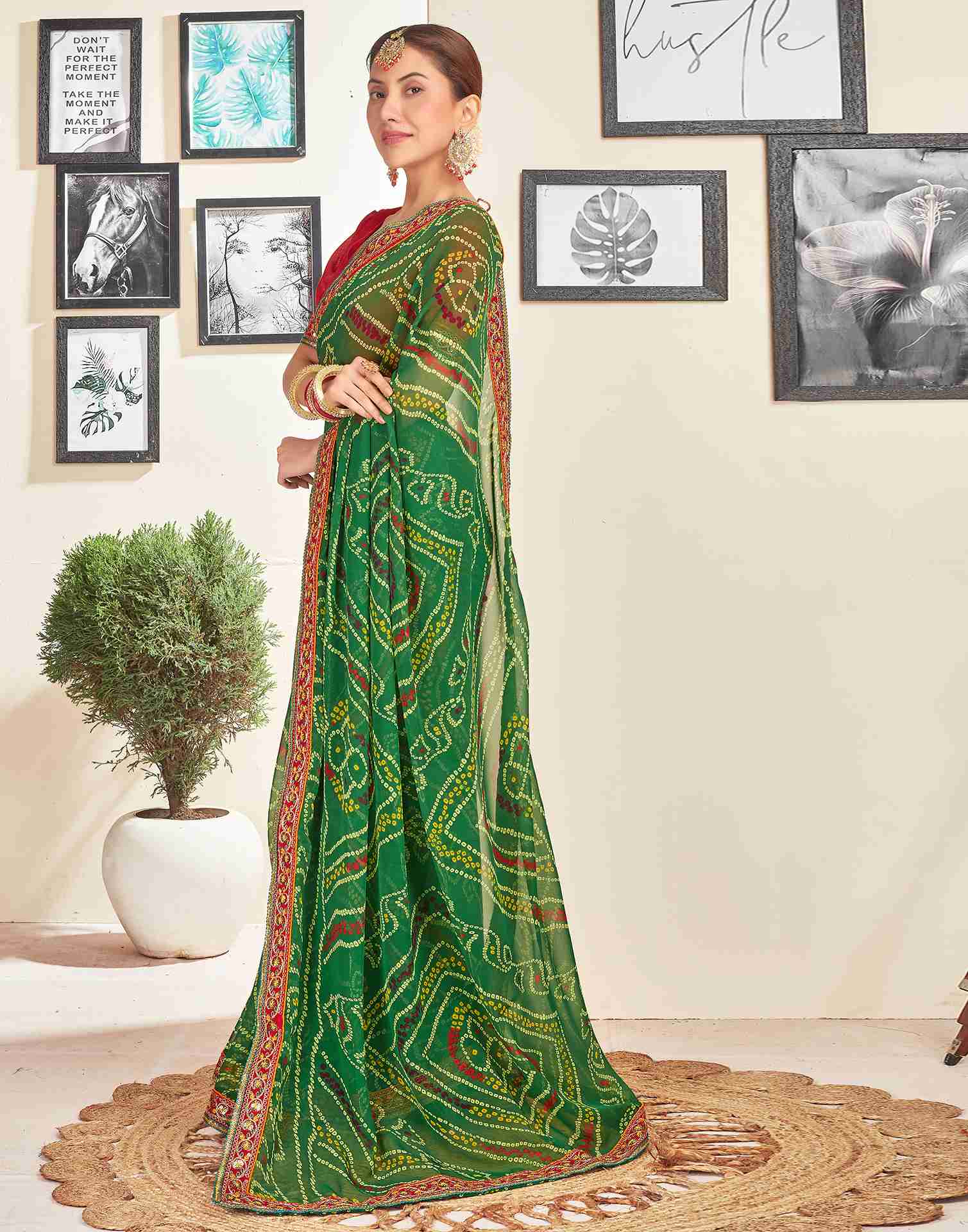 Green Georgette Embroidery Printed Saree