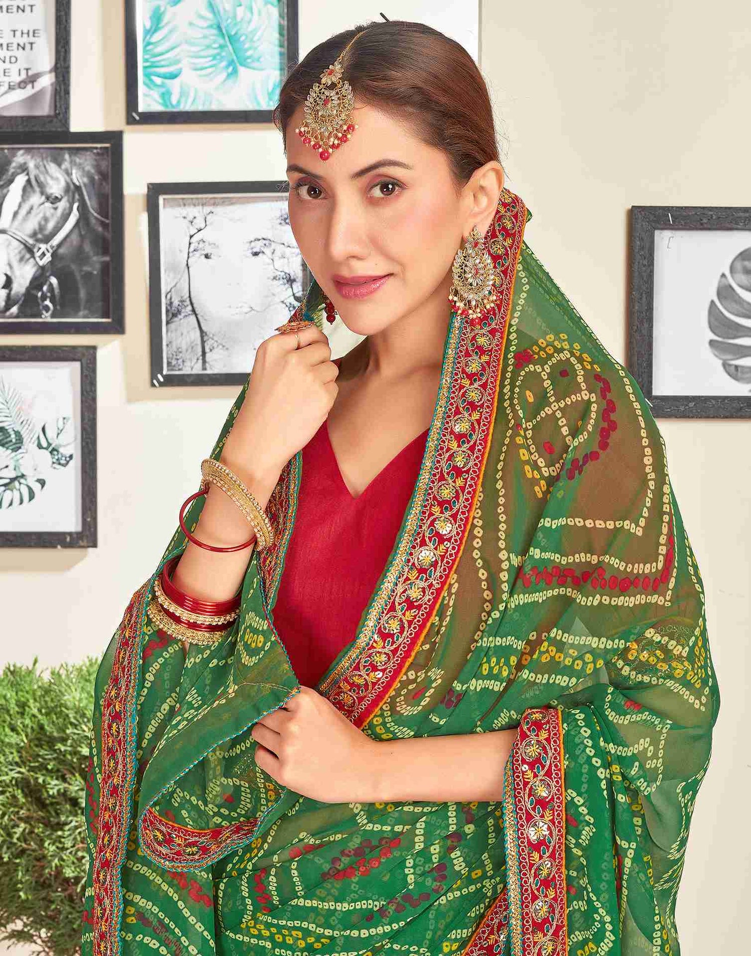 Green Georgette Embroidery Printed Saree